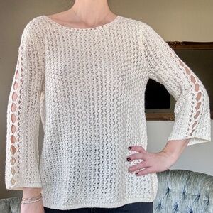 Chico’s Ivory Crochet Sweater Bell Sleeve Open Knit Boho 0 Small